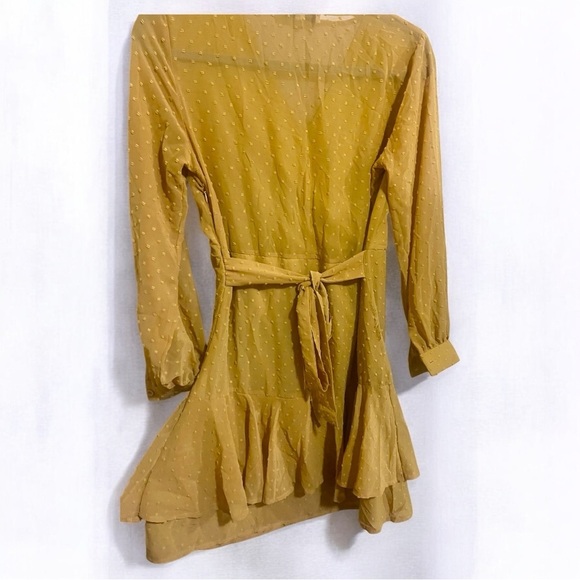 Aooksmery Yellow Swiss Dot Tie Waist Ruffle Long Sleeve Mini Dress Size M - Picture 2 of 3
